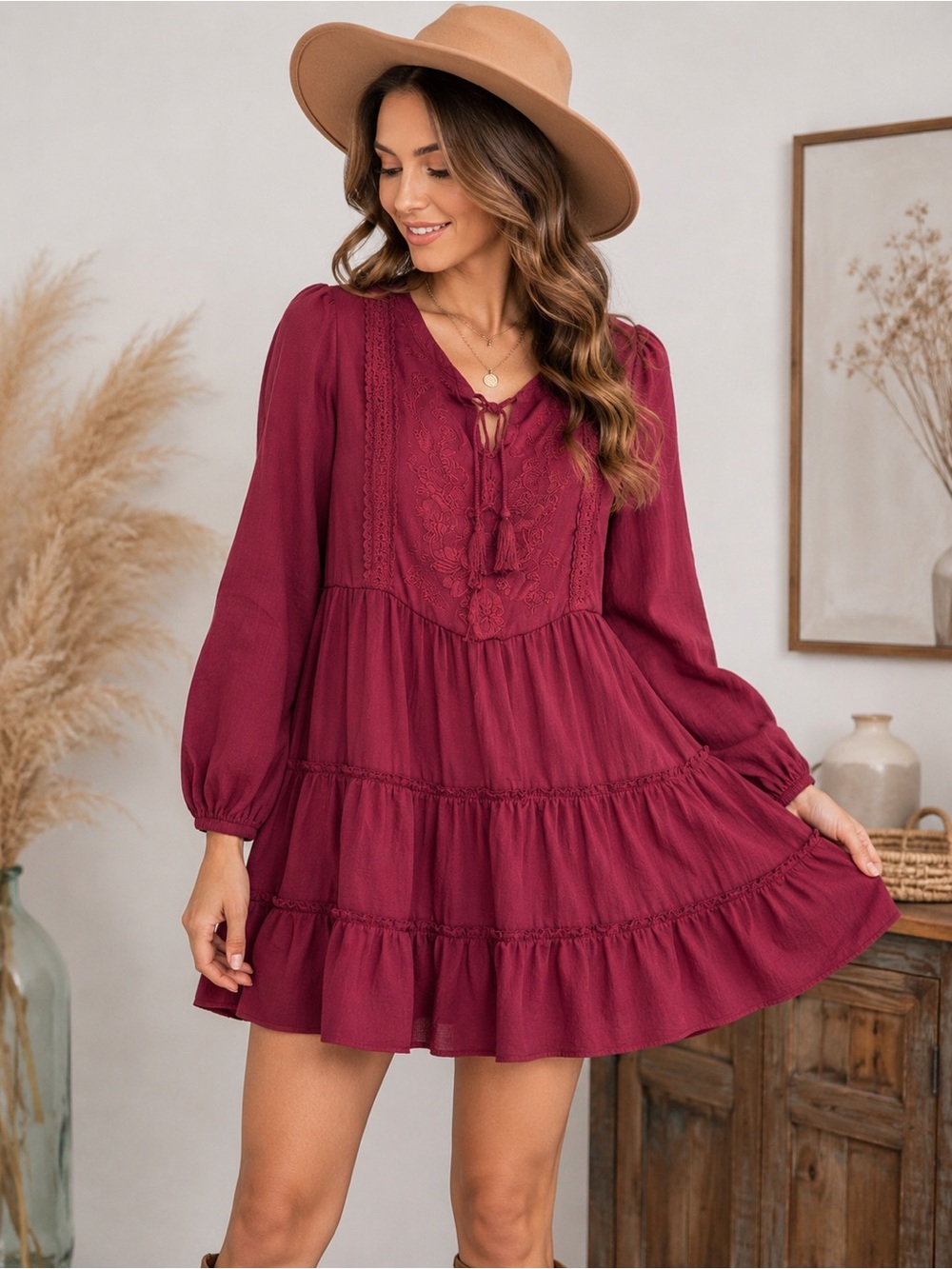 Penelope Rose Burgundy Embroidered Tiered Boho Dress XL